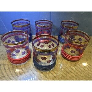 Sakura Sango Sue Zipkin MCM Golf Rim MCM Drinking Glass Blue Red Gold Rimmed VTG